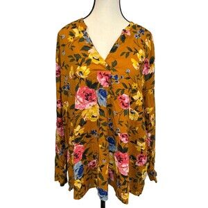 Old Navy FLORAL Print  Long Sleeve Popover Rayon Blouse Gold Blue Sz XXL NEW
